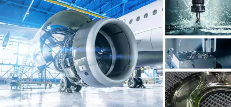 Collage showing an aircraft engine under maintenance in a hangar, metal machining processes, and components being cleaned with aqueous solutions.